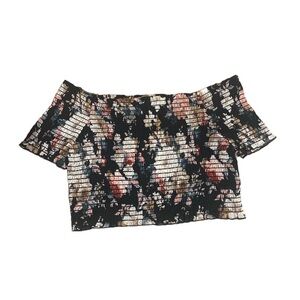 FavLux Fashions Crop Top Ruched Black Floral Blouse - Size L